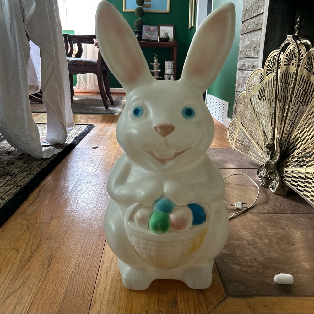 Easter Bunny Blow Mold with Basket - White and Blue